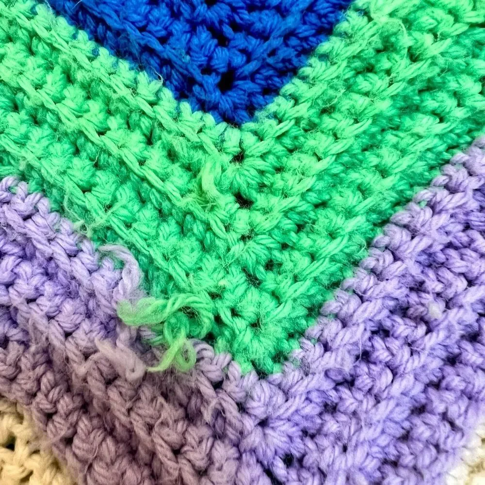 70s Handmade Vibrant Zig Zag Rainbow Scalloped Wavy Edge Crochet Afghan Blanket